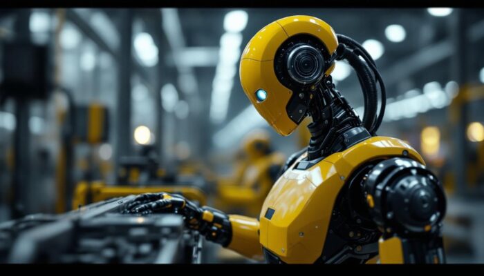 A photograph of a sleek industrial robot in action within a manufacturing environment