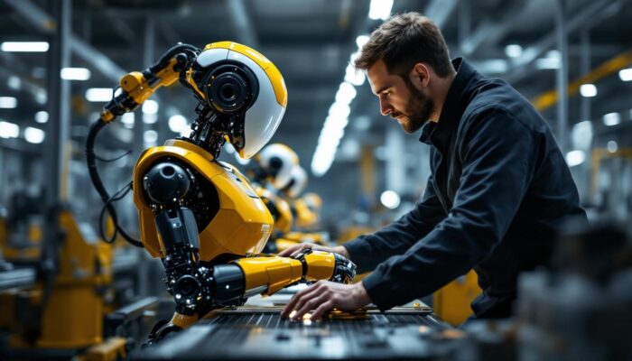 A photograph of a collaborative robot (cobot) working alongside a human in an industrial setting