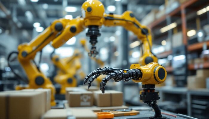 A photograph of capture a photograph of the ur5 robot arm in action within an industrial setting
