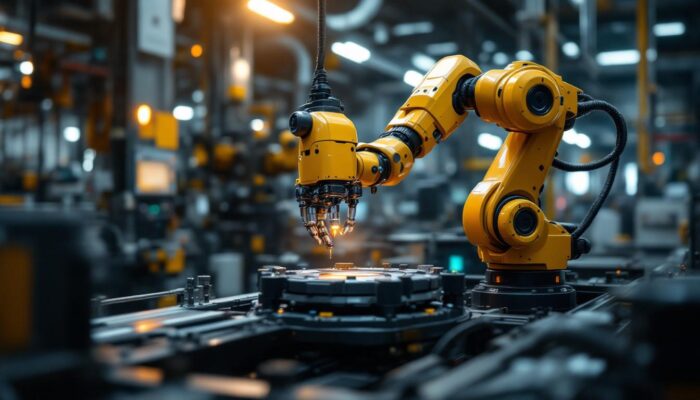 A photograph of a dynamic industrial robotics environment