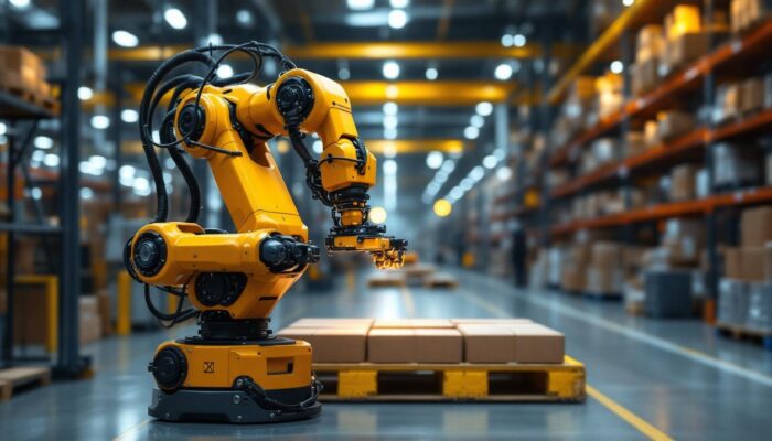 A photograph of a modern industrial robot in action