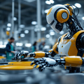 A photograph of a modern industrial robot in action within a manufacturing setting