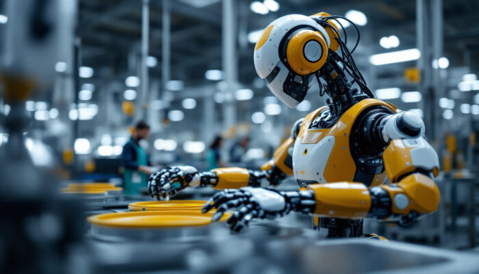 A photograph of a modern industrial robot in action within a manufacturing setting