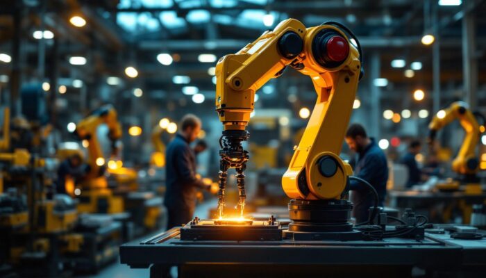 A photograph of a sleek industrial robotic arm in action