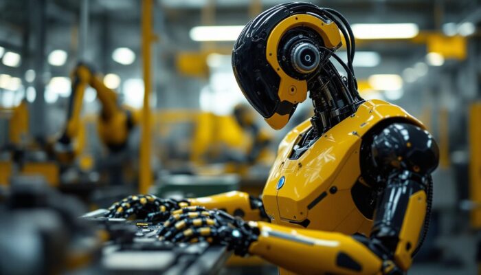 A photograph of a sleek industrial robot in action within a modern manufacturing environment