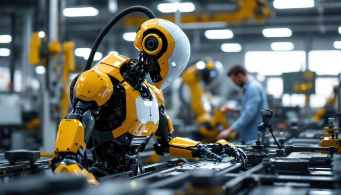 A photograph of a sleek industrial robot in action within a modern manufacturing environment