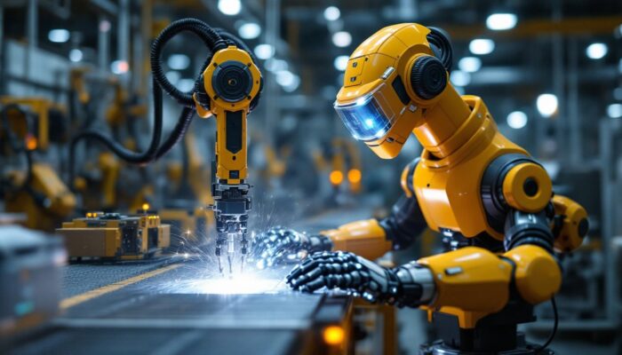 A photograph of a modern industrial robot in action