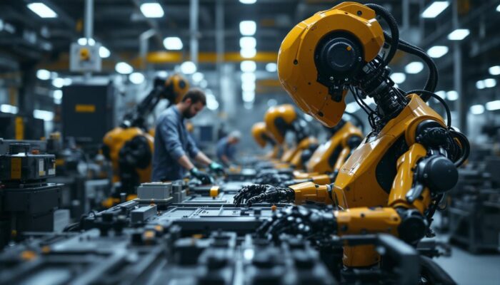 A photograph of a modern manufacturing facility showcasing industrial robots in action