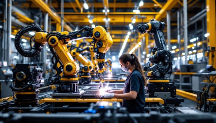 A photograph of a modern manufacturing facility showcasing industrial robots in action