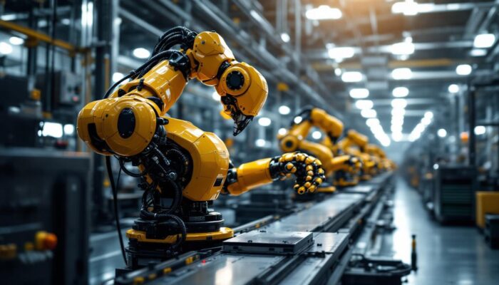 A photograph of a state-of-the-art industrial robot in action on a factory floor