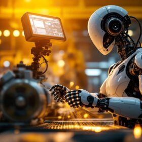 A photograph of a sleek industrial robot in action