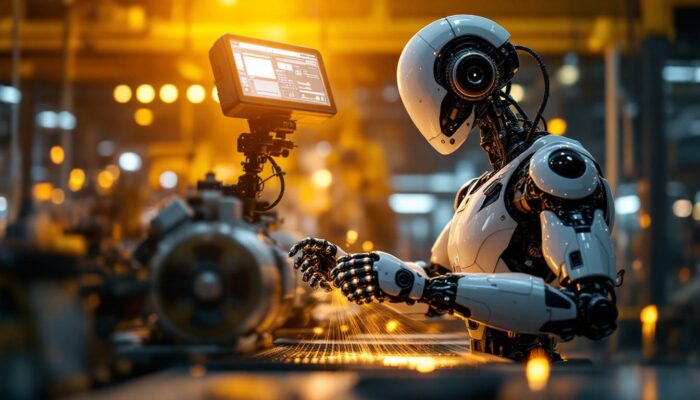 A photograph of a sleek industrial robot in action