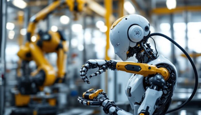 A photograph of a sleek industrial robot equipped with a precise gripper in an active manufacturing environment