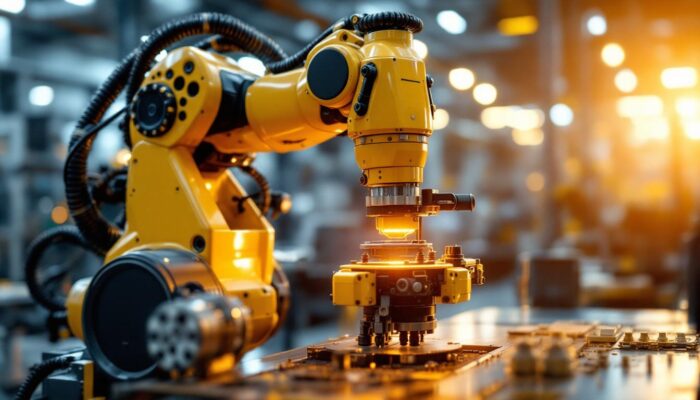 A photograph of a sleek industrial robot equipped with an ati tool changer in action