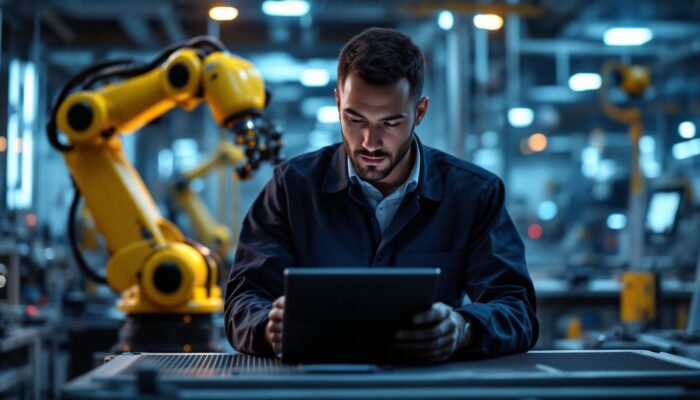 A photograph of a skilled technician programming an industrial robot in a modern factory setting