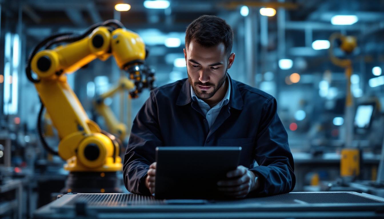 A photograph of a skilled technician programming an industrial robot in a modern factory setting