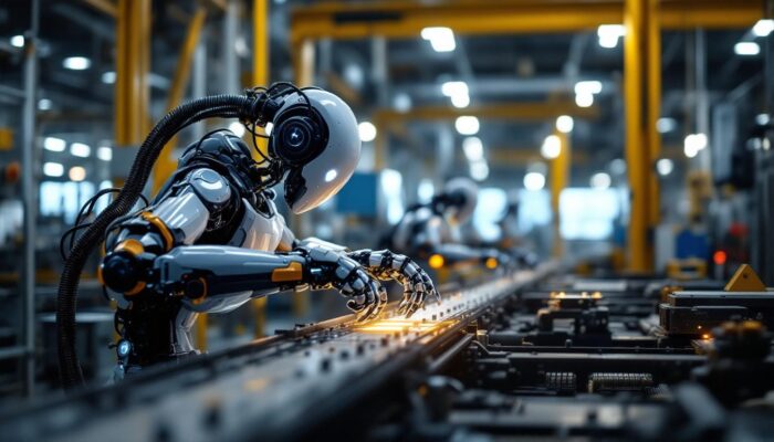 A photograph of a machine tending robot in action within an industrial setting