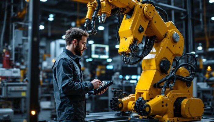 A photograph of a technician skillfully operating a teach pendant while programming an industrial robot in a modern manufacturing environment