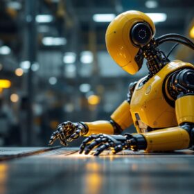 A photograph of a humanoid robot performing a precise industrial task in a modern manufacturing environment