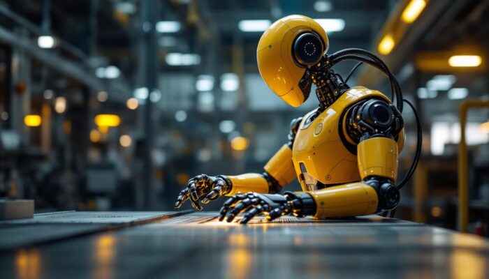 A photograph of a humanoid robot performing a precise industrial task in a modern manufacturing environment