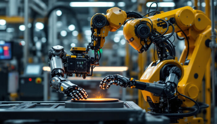 A photograph of a modern industrial robot in action on a factory floor