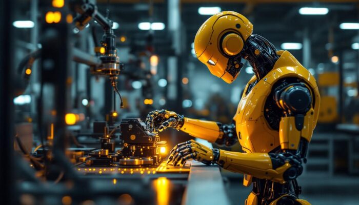 A photograph of a sleek industrial robot in action within a manufacturing environment