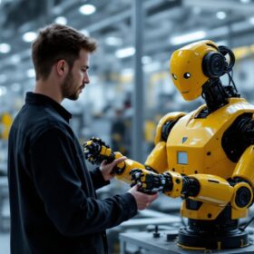 A photograph of a skilled technician programming or interacting with an industrial robot in a modern manufacturing environment