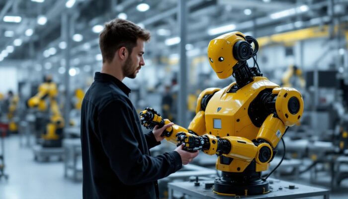 A photograph of a skilled technician programming or interacting with an industrial robot in a modern manufacturing environment