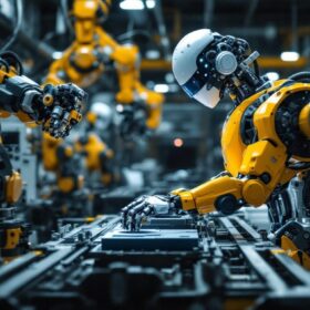 A photograph of a modern industrial robot in action on a factory floor