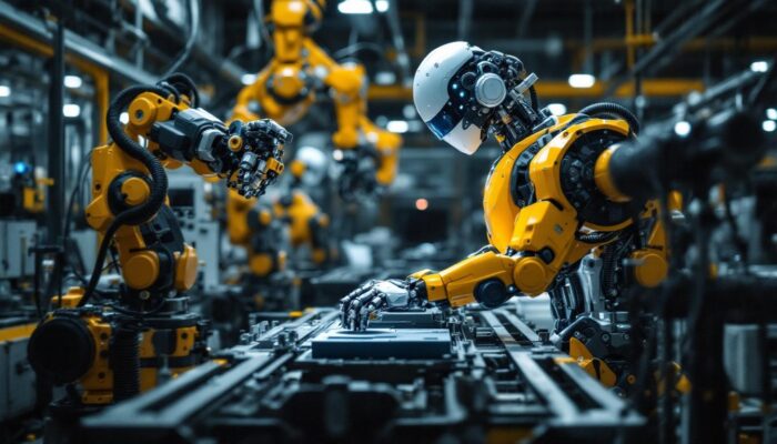 A photograph of a modern industrial robot in action on a factory floor