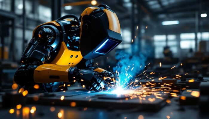 A photograph of a welding cobot in action