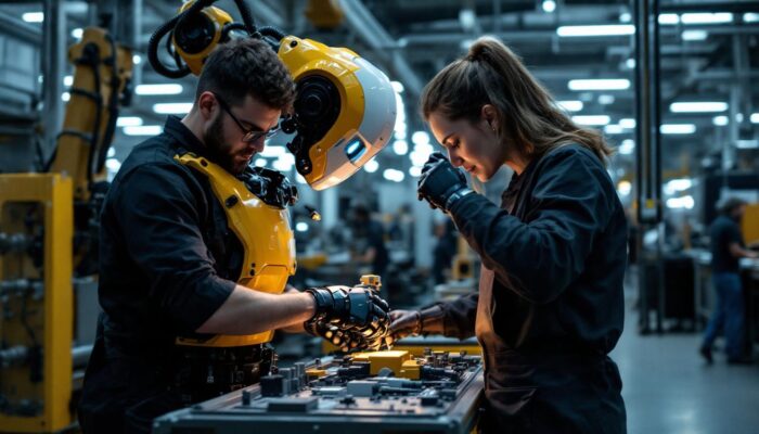 A photograph of a collaborative robot working alongside human operators in an industrial setting