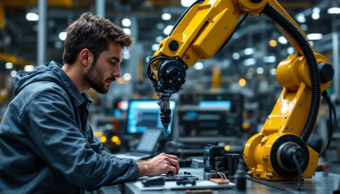 A photograph of a skilled engineer programming an industrial robotic arm