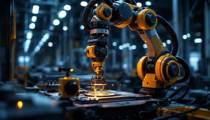 A photograph of a sleek industrial robotic arm in action