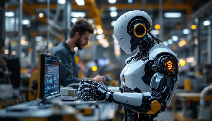 A photograph of a sleek industrial robot in action
