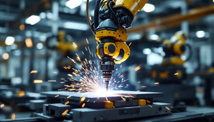 A photograph of a robotic welding arm in action