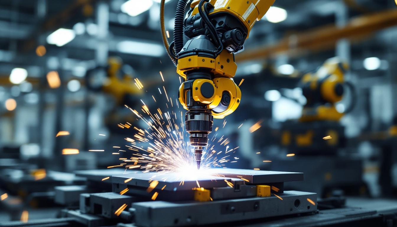 A photograph of a robotic welding arm in action