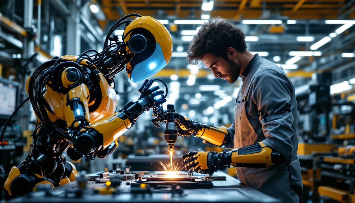 A photograph of a collaborative robot (cobot) working alongside a human operator in an industrial setting