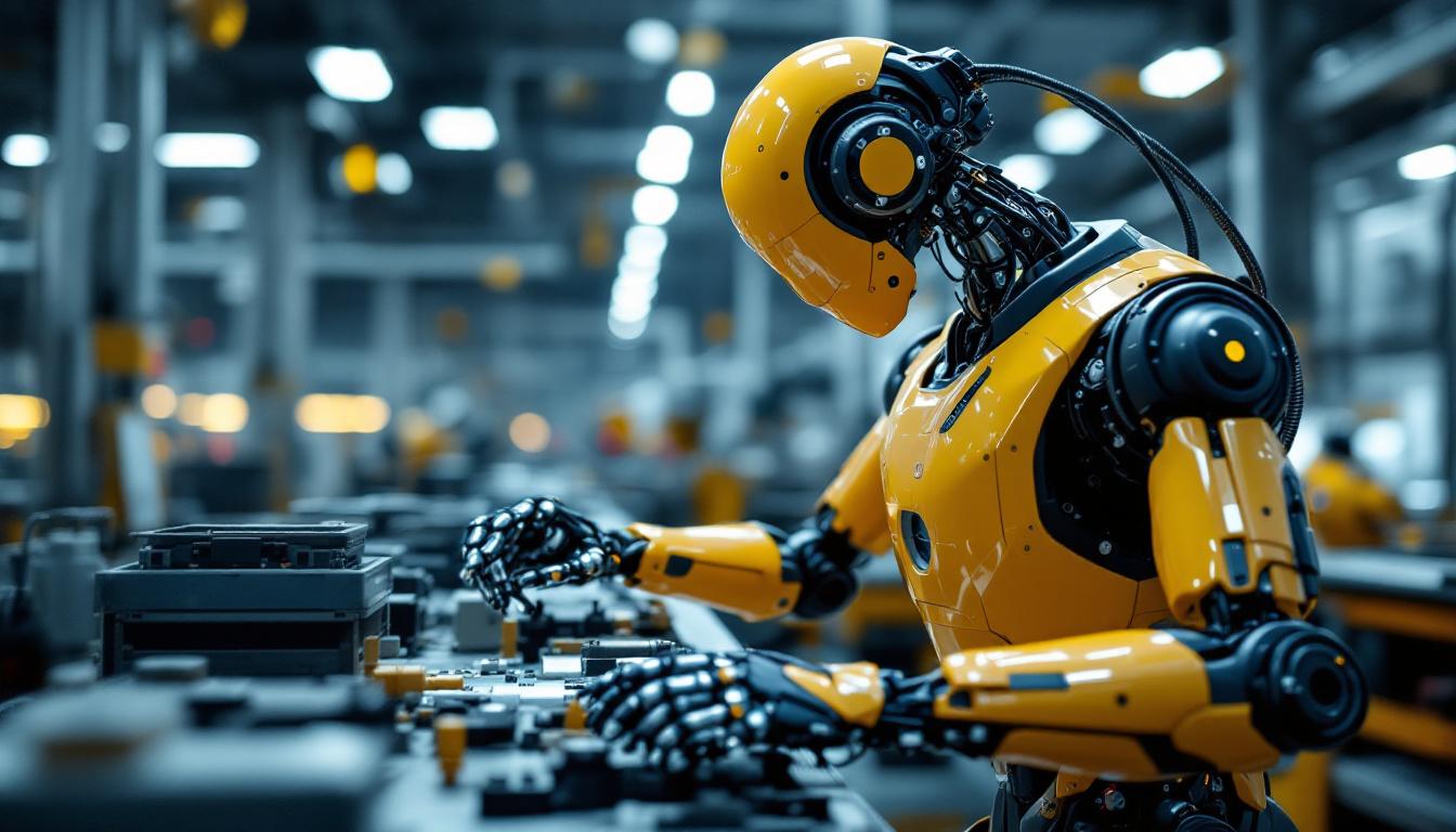 A photograph of a sleek industrial robot in action on a factory floor