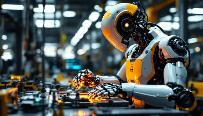 A photograph of a sleek industrial robot in action