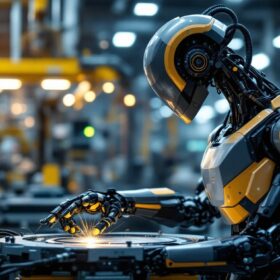 A photograph of a sleek industrial robot in action