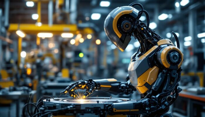 A photograph of a sleek industrial robot in action