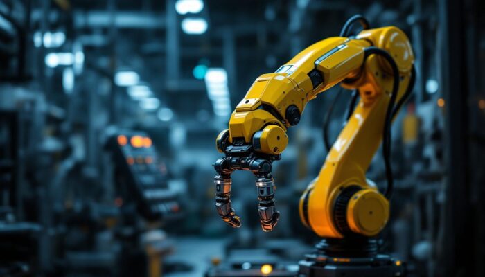 A photograph of a modern industrial robotic arm in action