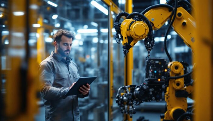 A photograph of a skilled technician programming or operating an industrial robot in a modern manufacturing environment