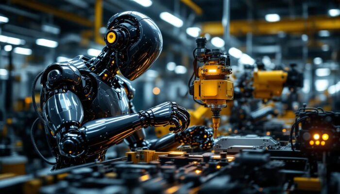 A photograph of a sleek industrial robot in action within a manufacturing environment
