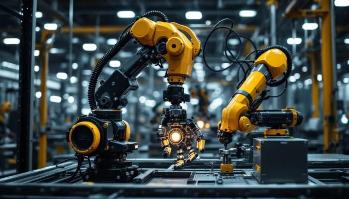 A photograph of a modern industrial robot in action on a factory floor
