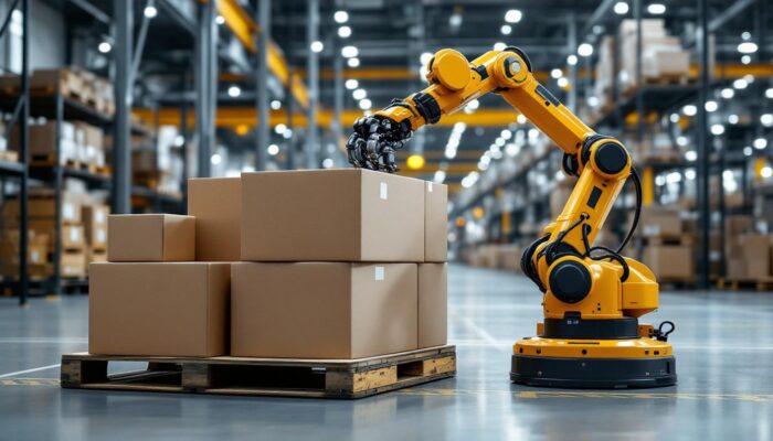 A photograph of a sleek industrial robot in action