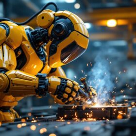 A photograph of a high-tech industrial robotic welder in action