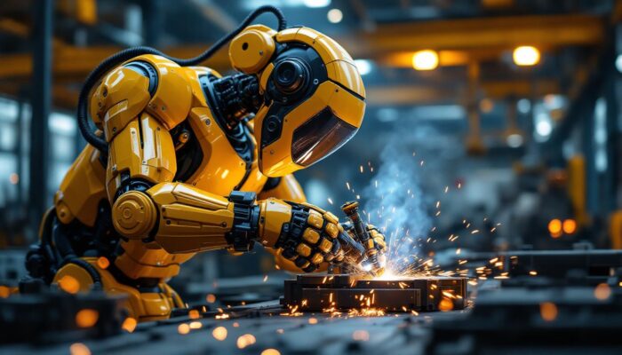 A photograph of a high-tech industrial robotic welder in action