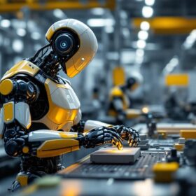 A photograph of a sleek industrial robot in action within a modern manufacturing environment